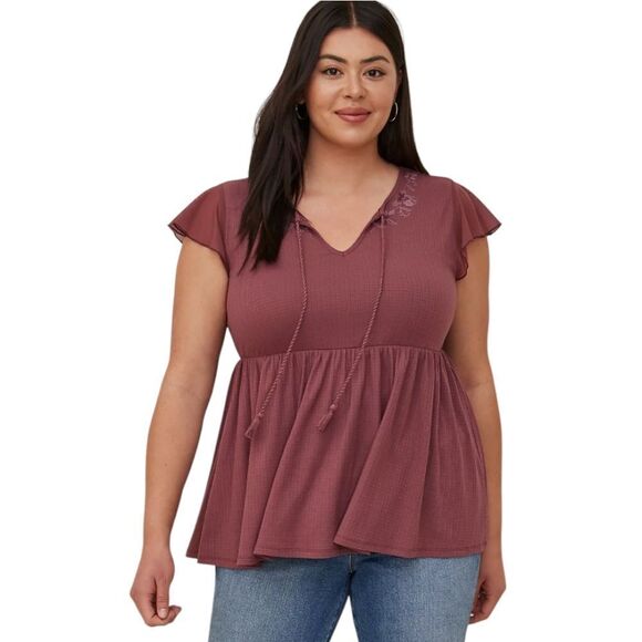Torrid Blouse Embroidered Babydoll Textured Jersey Dusty Rose Red Size 3X - Picture 1 of 8
